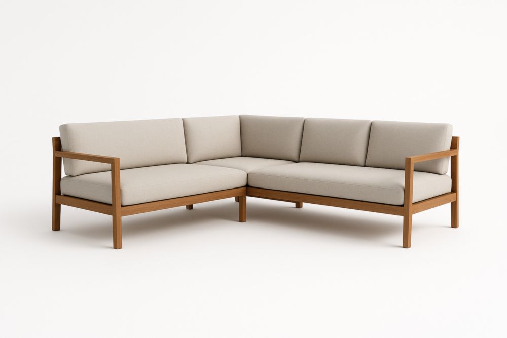 Divano angolare in legno e tessuto beige