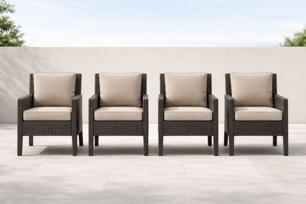 Set di 4 Poltrone in Rattan con Cuscino Crema