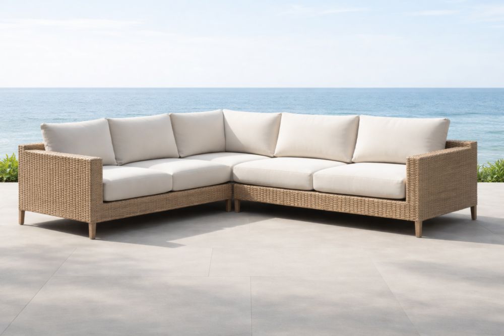 Divano angolare esterno rattan con cuscini crema