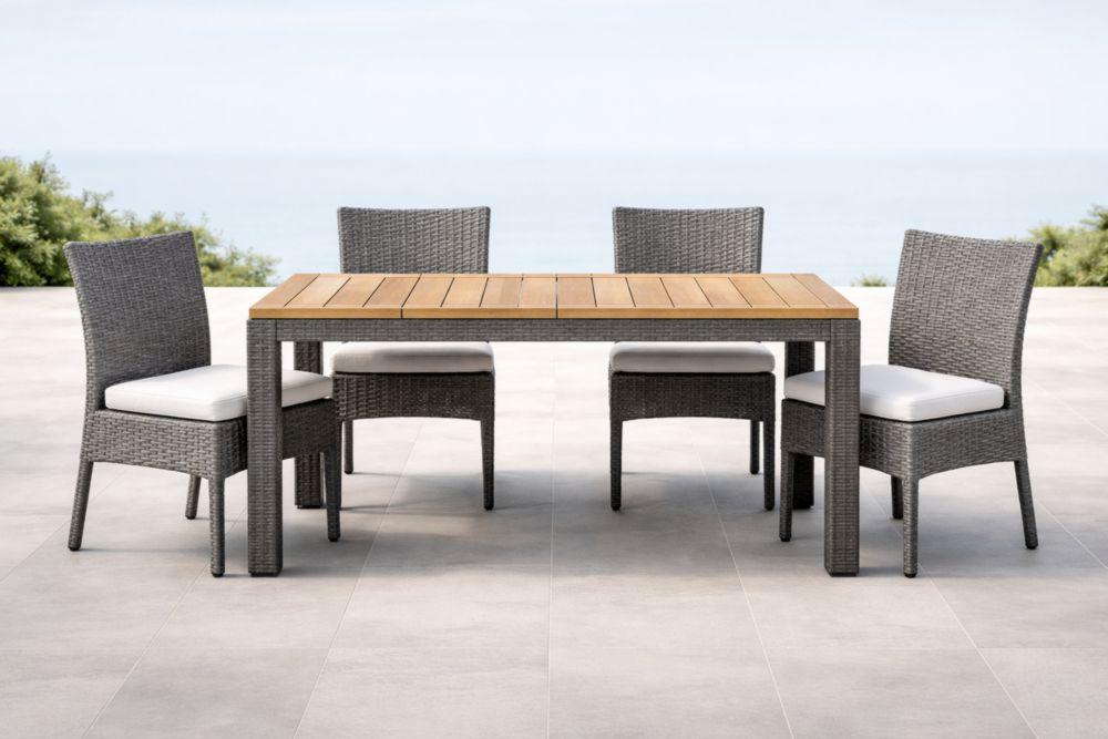 Set Tavolo e Sedie da Esterno in Rattan Grigio e Legno Teak 150x90x75 cm