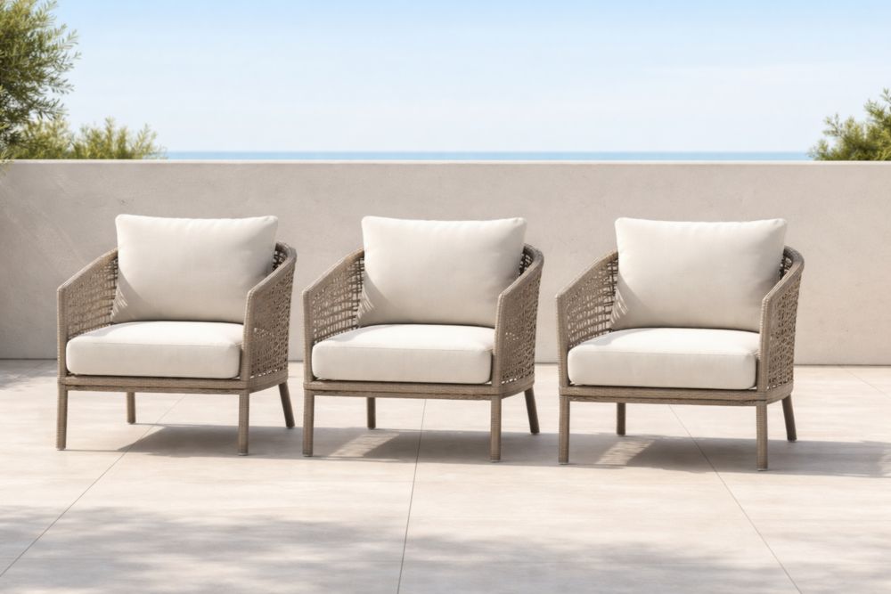 Set di 3 Poltrone da Esterno in Intrecciato Beige