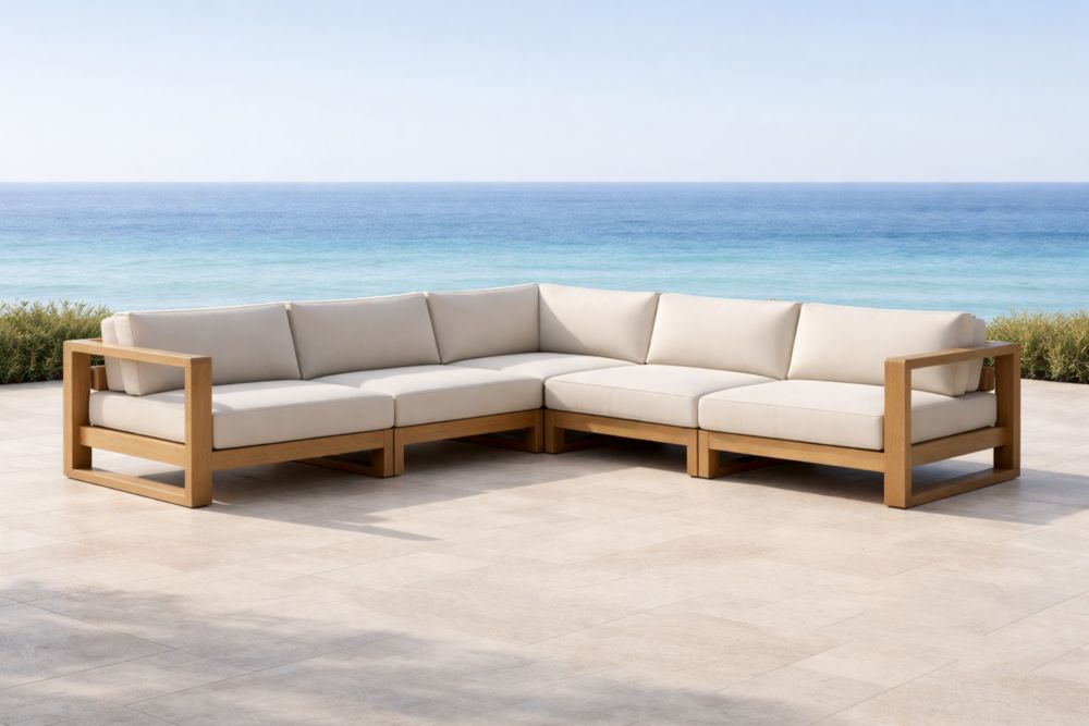 Divano Angolare da Esterno in Legno con Cuscini in Poliestere Beige