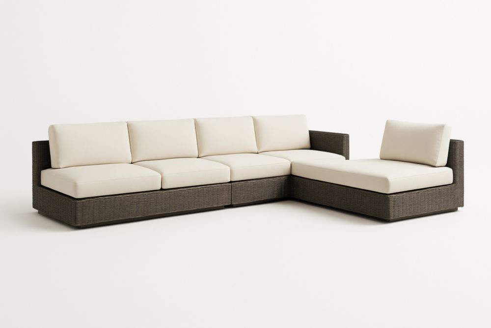Divano angolare modulare in rattan sintetico crema