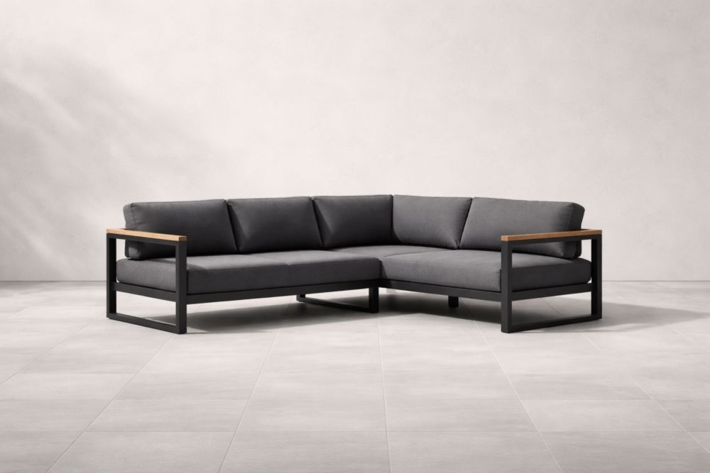 Divano angolare in metallo e legno con rivestimento in tessuto grigio