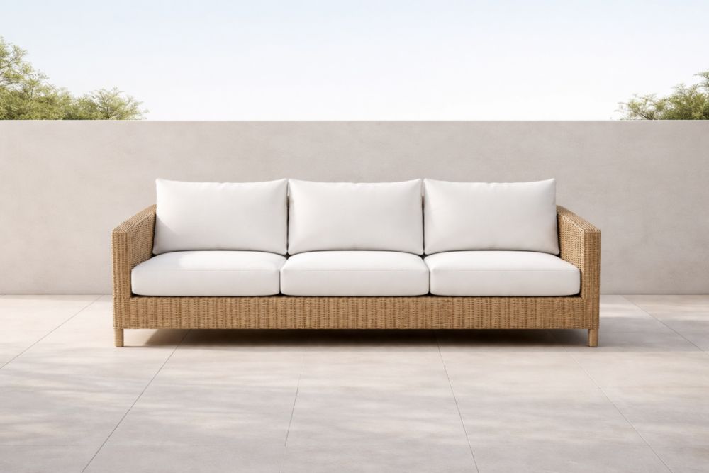 Divano da Esterno in Rattan Sintetico a 3 Posti con Cuscini Bianchi
