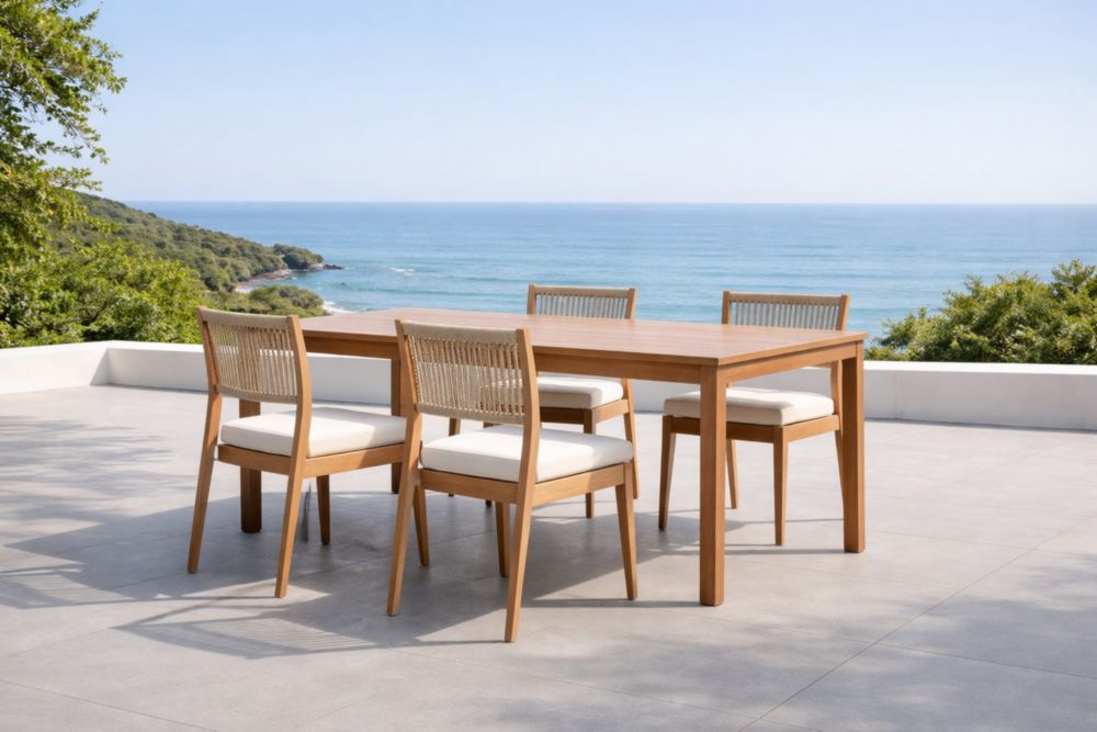 Set tavolo e sedie da pranzo per esterno in legno con schienale in corda