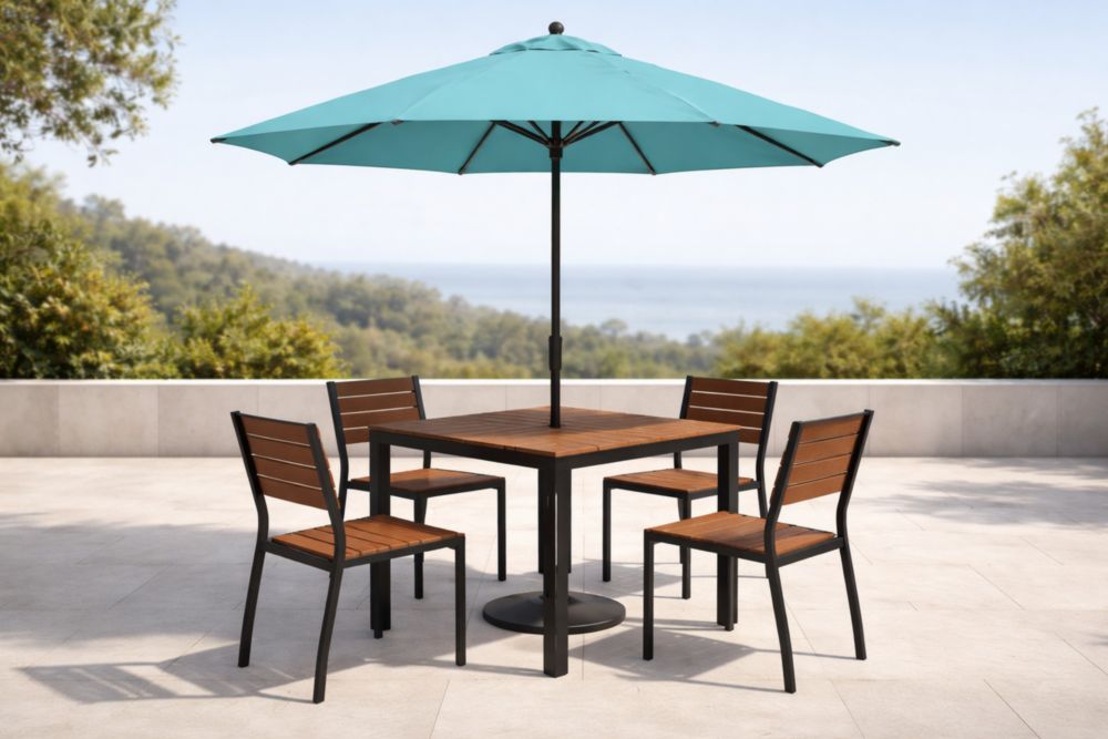 Set da Pranzo per Esterni in Acciaio e Legno con Ombrellone Verde