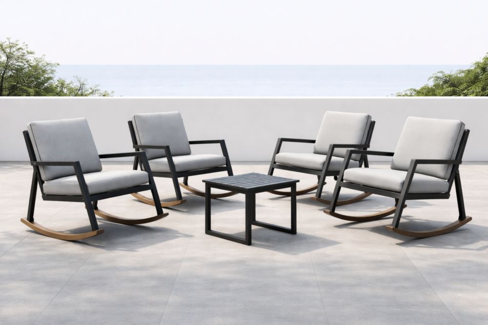 Set da Esterno Sedie a Dondolo con Cuscini Grigi in Metallo 4 Pezzi