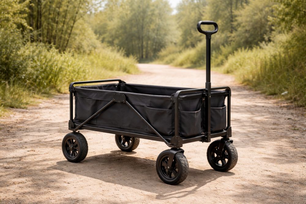 Carrello pieghevole nero 90x50x45 cm struttura in acciaio tessuto poliestere ruote grandi