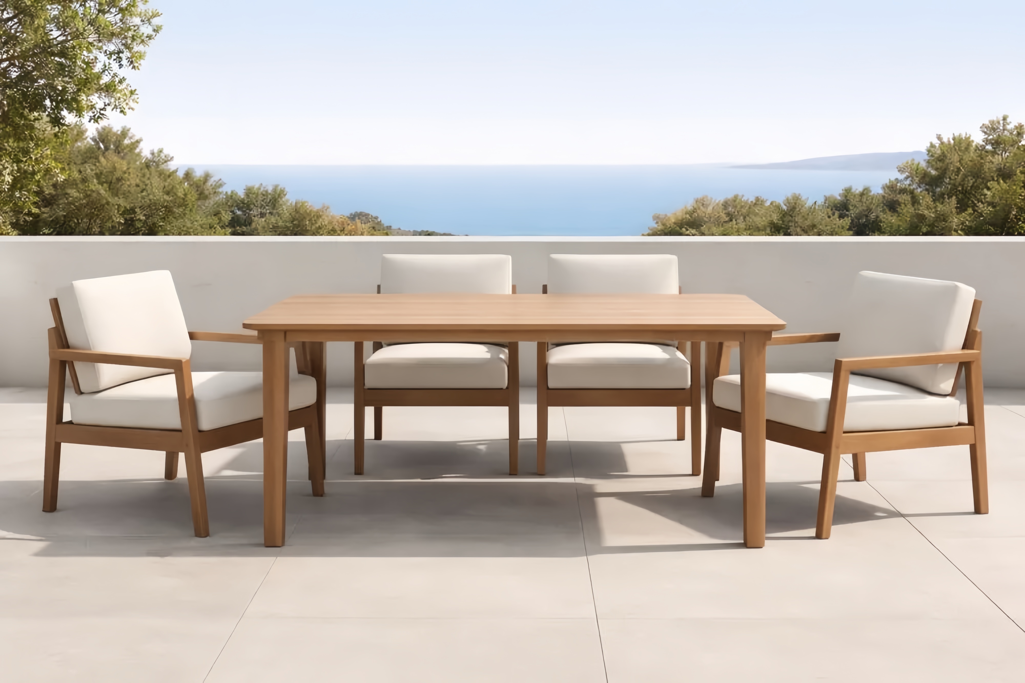 Set tavolo da pranzo rettangolare legno teak e sedie con cuscini bianchi