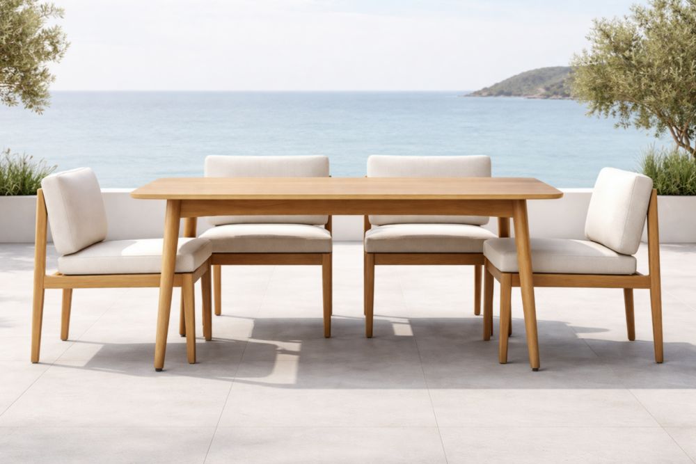 Set tavolo e sedie da pranzo in legno massello e tessuto beige