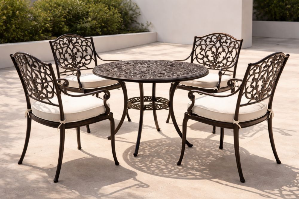 Set da Giardino in Metallo Nero con Tavolo Rotondo e 4 Sedie con Cuscini