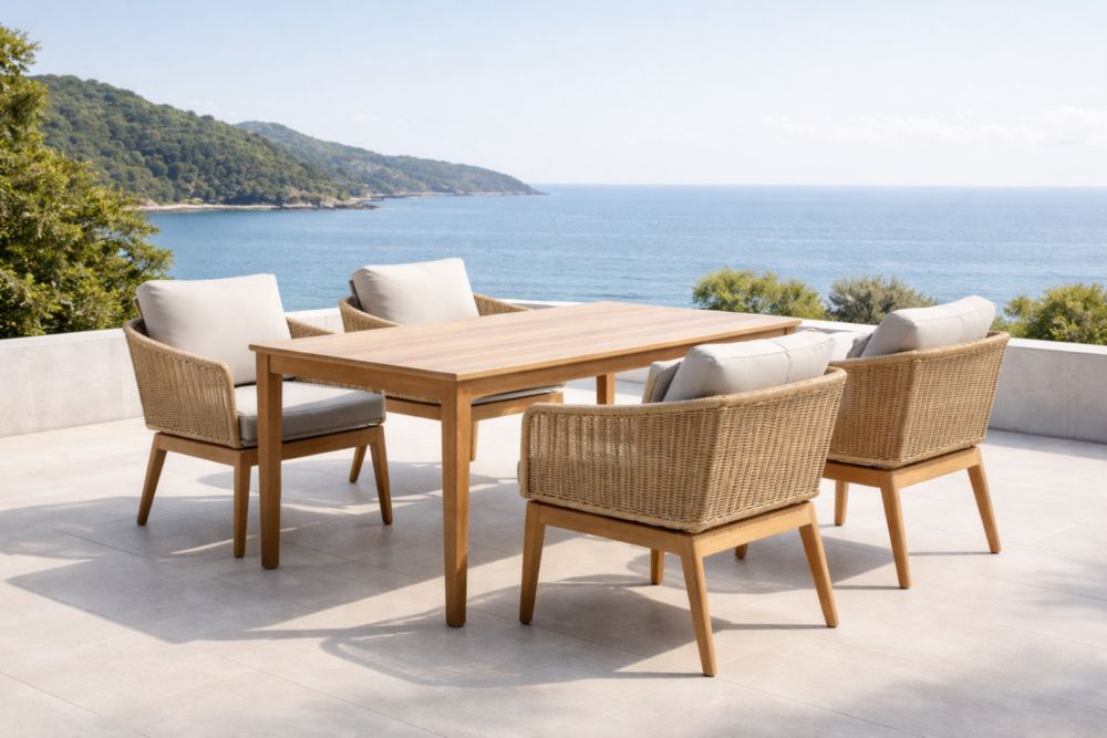 Set da Giardino in Teak con Tavolo Rettangolare e Sedie in Rattan