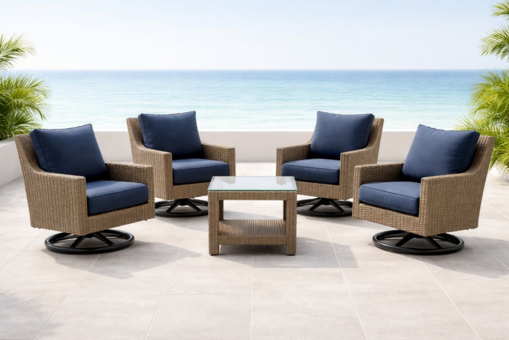 Set mobili da giardino 5 pezzi in rattan sintetico con cuscini blu e tavolino in vetro temperato