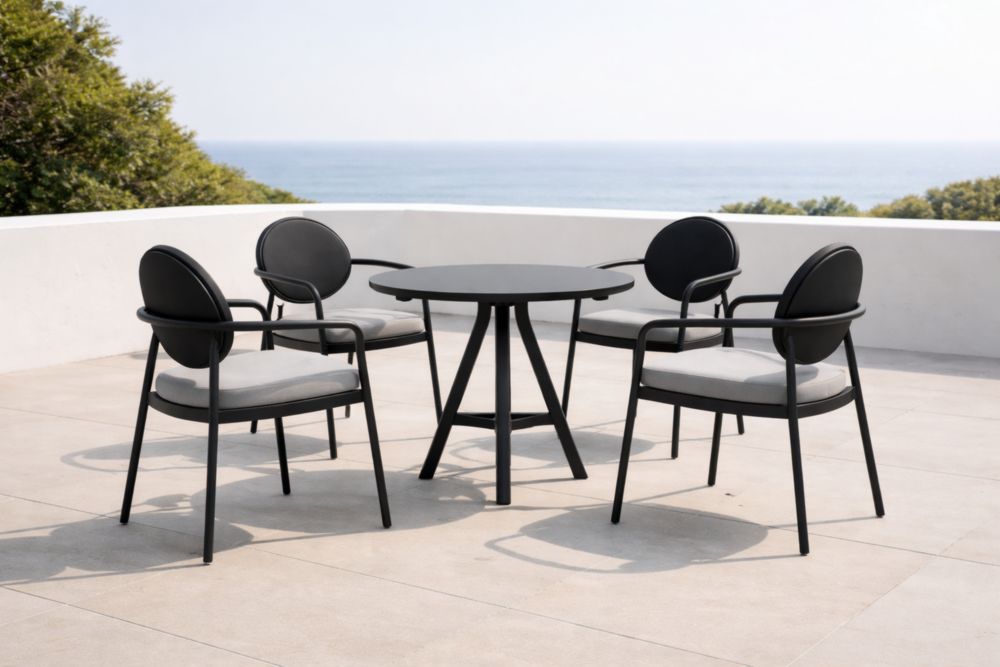Set da giardino tavolo rotondo e sedie in alluminio nero con cuscini grigi