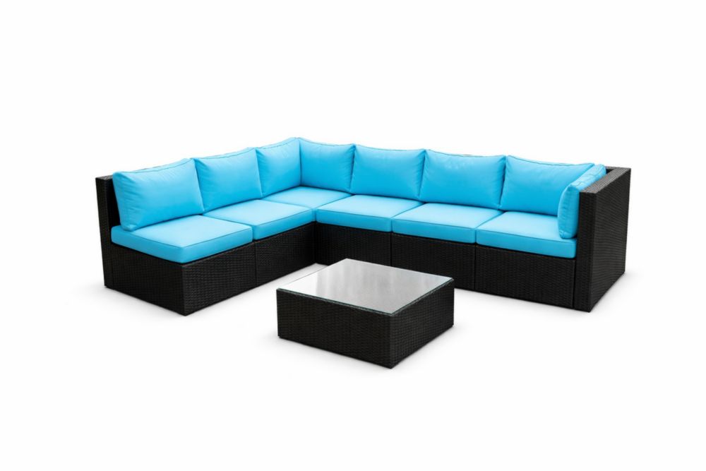 Set Divano Angolare in Rattan Sintetico con Tavolo e Cuscini Blu