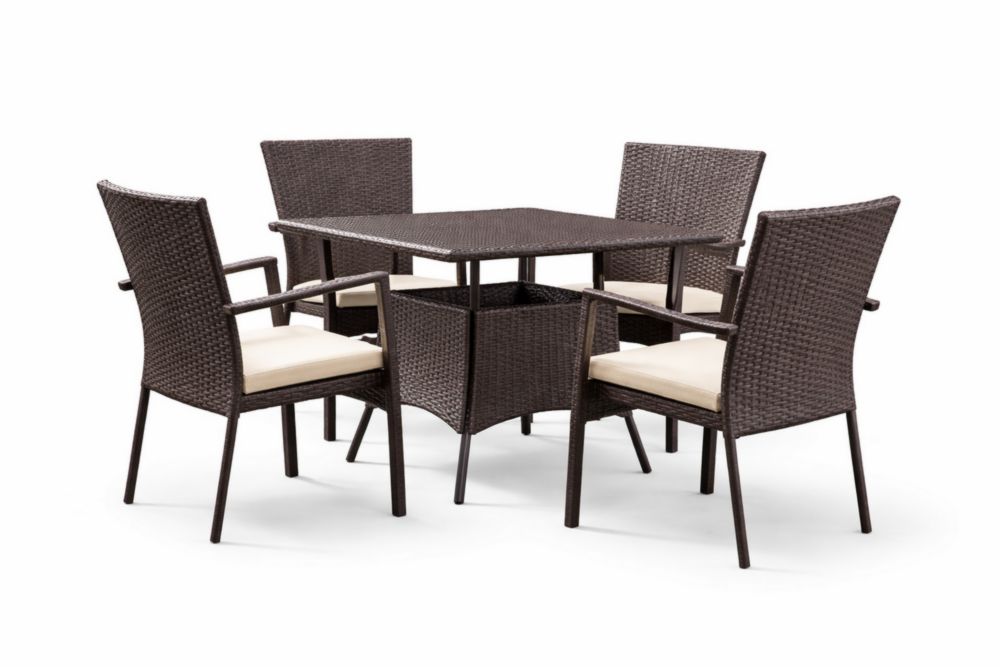 Set da Pranzo in Rattan Marrone con Tavolo e Sedie e Cuscini Crema