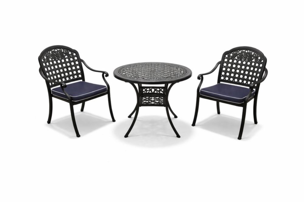 Set da Giardino in Alluminio Nero con Cuscini Blu, 2 Sedie e Tavolo Rotondo