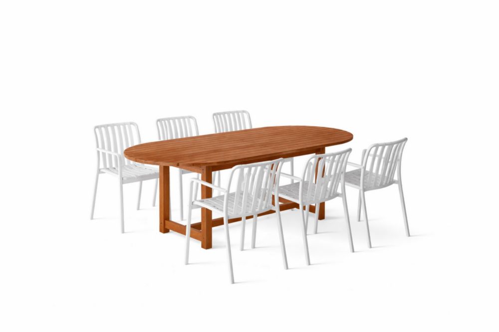 Set Tavolo da Pranzo Ovale in Legno Massello con 6 Sedie in Alluminio