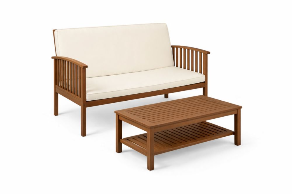 Set Divano Due Posti e Tavolino in Legno Marrone con Cuscini Crema