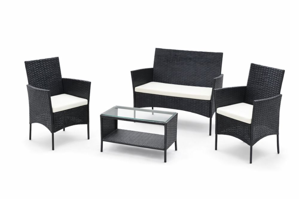 Set mobili da giardino in rattan con cuscini bianchi e tavolino in vetro temperato