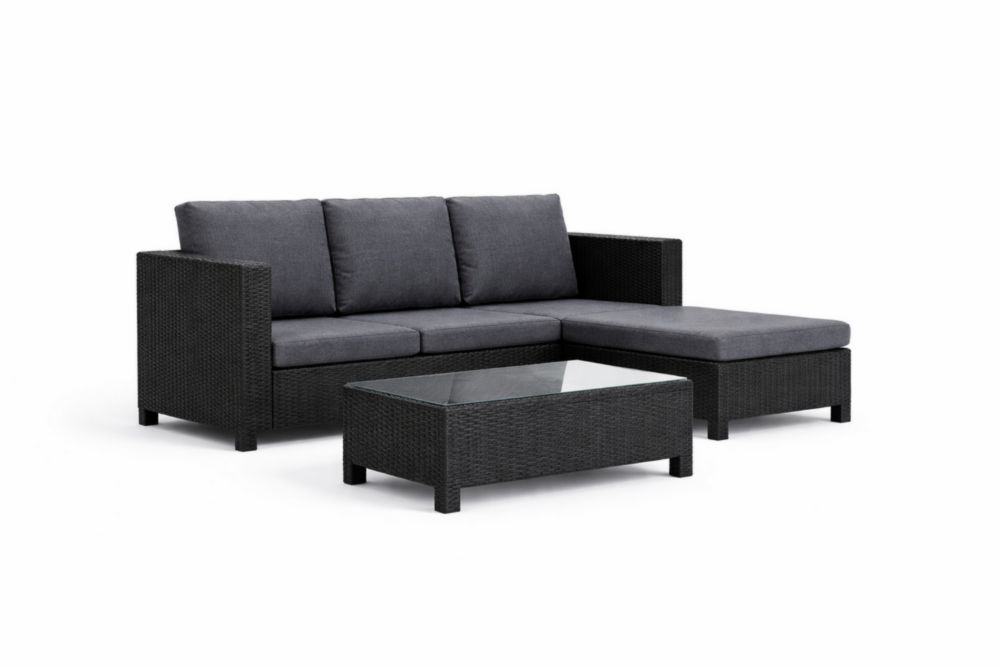 Set Divano Componibile in Polyrattan Antracite con Tavolino in Vetro Temperato