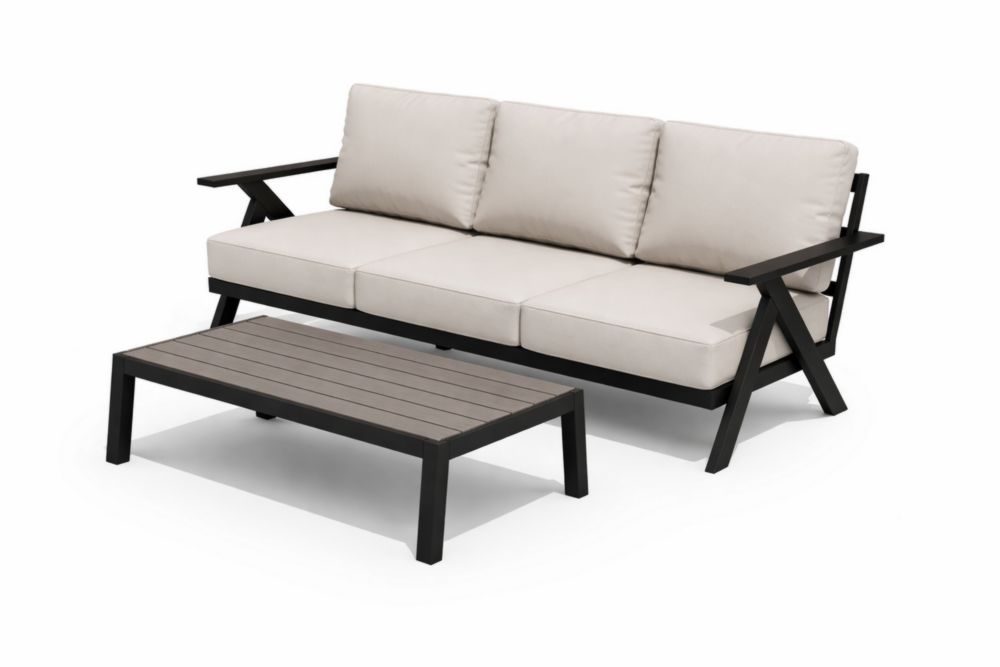 Set divano in alluminio nero con cuscini crema 3 posti e tavolino rettangolare