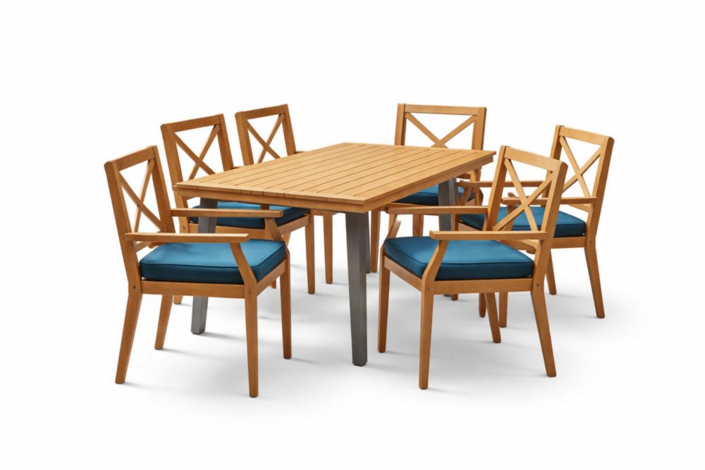 Set da Pranzo Giardino 6 Sedie Legno di acacia Acciaio Tessuto Blu