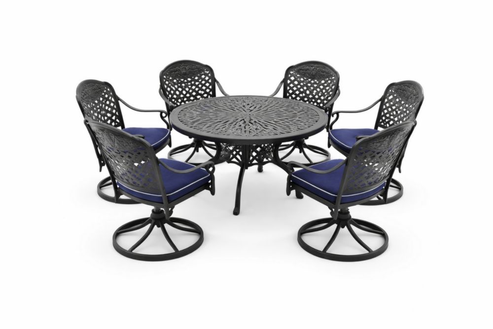 Set Tavolo Rotondo e 6 Sedie con Cuscini in Alluminio Nero e Blu