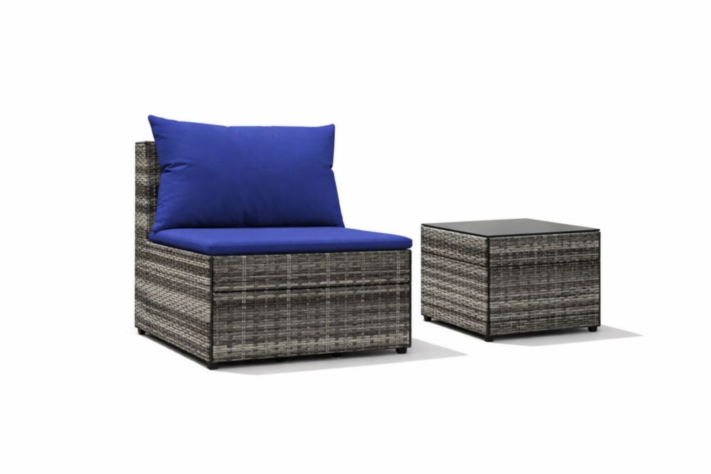 Set da Giardino in Rattan Sintetico Grigio con Cuscini Blu