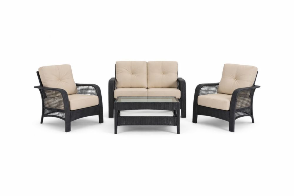 Set Salotto da Giardino 4 Pezzi Rattan Sintetico Vetro Nero e Beige