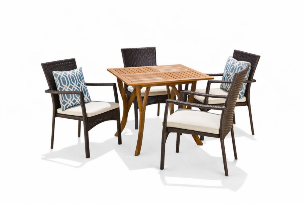 Set Tavolo e Sedie da Giardino in Legno e Polyrattan Marrone e Naturale