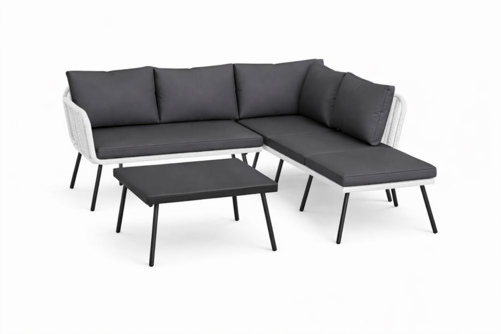 Set divano angolare in rattan sintetico e Acciaio inossidabile con cuscini grigi