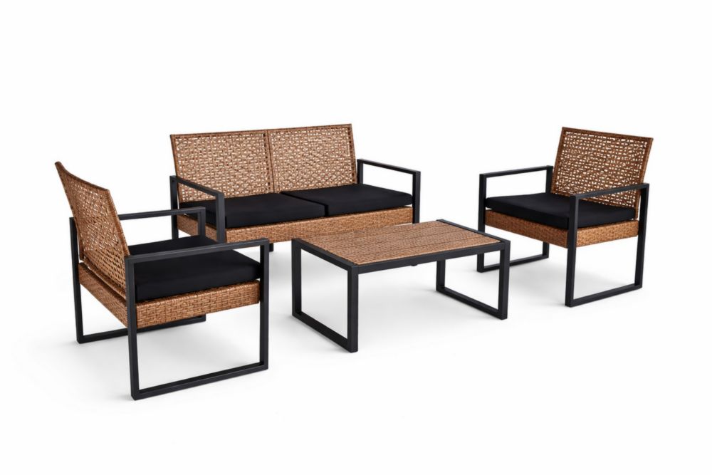 Set mobili da esterno in Acciaio inossidabile e rattan sintetico marrone con cuscini neri