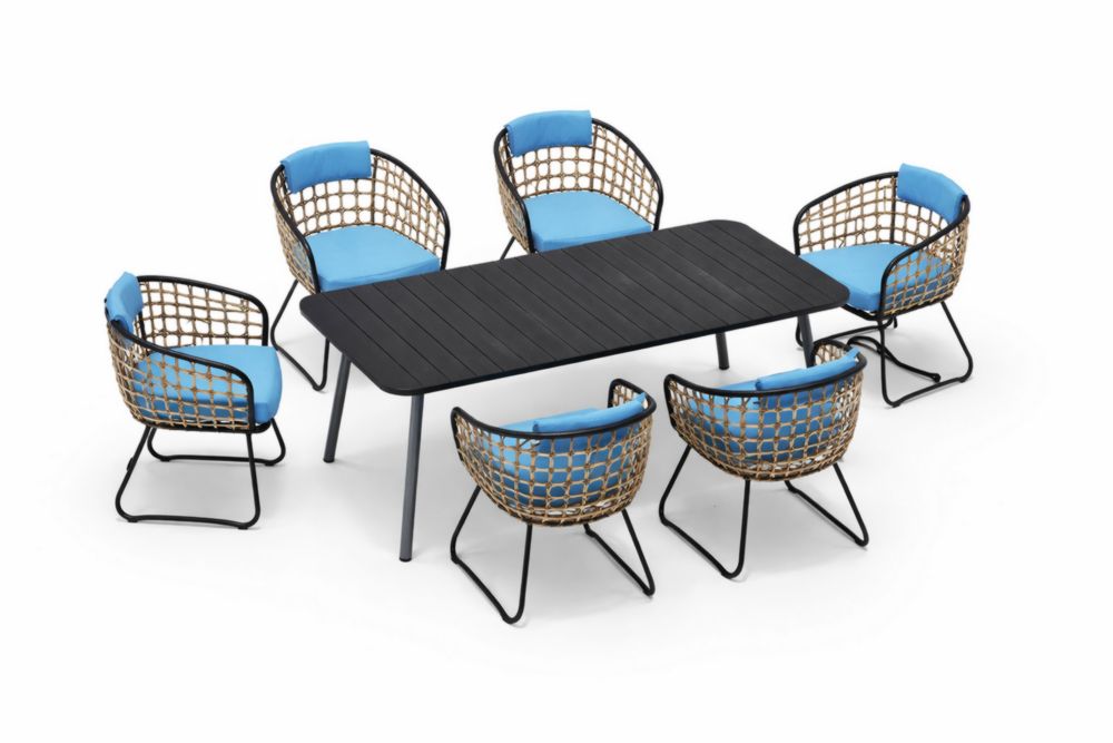 Set Tavolo Rettangolare in Alluminio con 6 Sedie in Rattan e Cuscini Blu