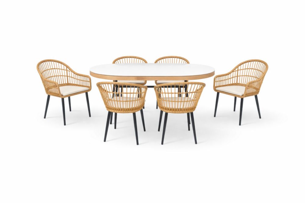 Set da Pranzo Ovale in Rattan Sintetico e Acciaio inossidabile con Sedie e Tavolo