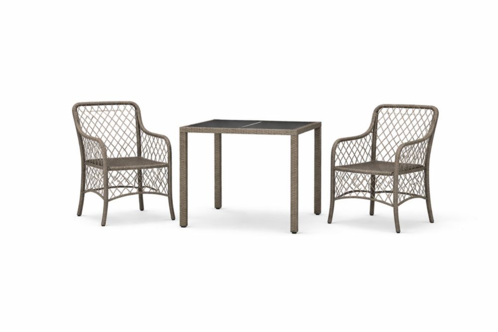 Set da giardino 3 pezzi in rattan e vetro temperato marrone