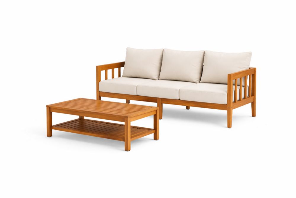 Set Divano e Tavolino in Legno Acacia con Cuscini Beige