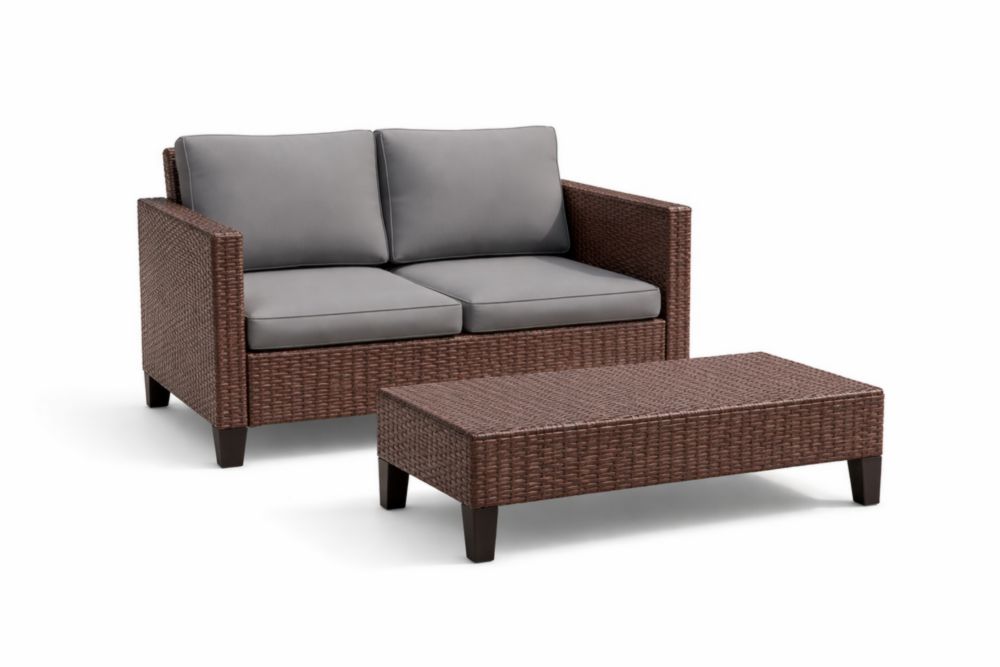 Set Divano 2 Posti in Rattan Sintetico Marrone con Tavolino e Cuscini Grigi