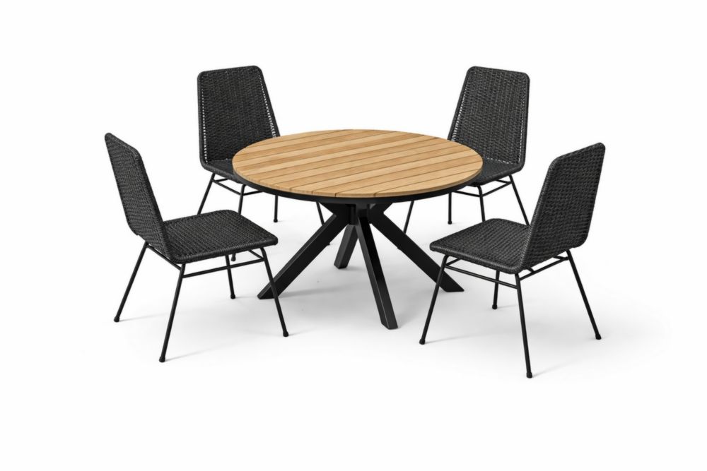 Set Tavolo Rotondo in Legno e Sedie in Rattan Nero per Esterni
