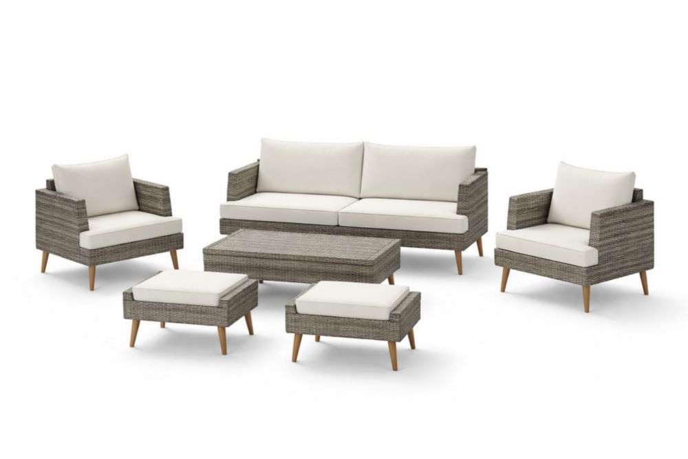 Set divano in rattan sintetico grigio e teak con cuscini crema