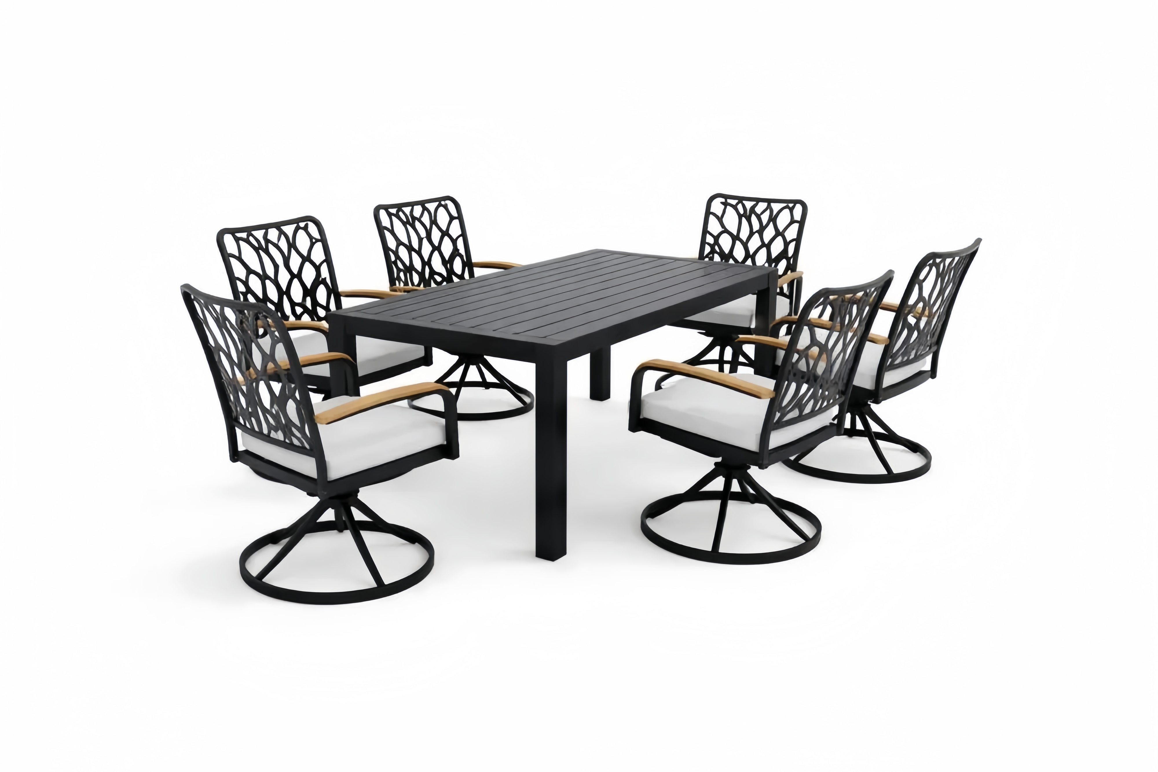 Set tavolo in alluminio nero con 6 sedie rotanti e cuscini bianchi