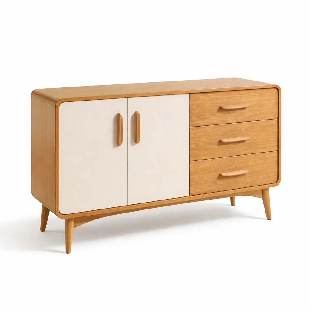 Aparador de madera natural con puertas blancas y cajones-TimberAndNest