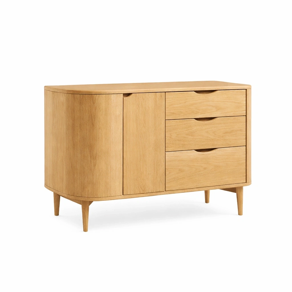 Aparador de madera clara con puertas y cajones integrados-TimberAndNest