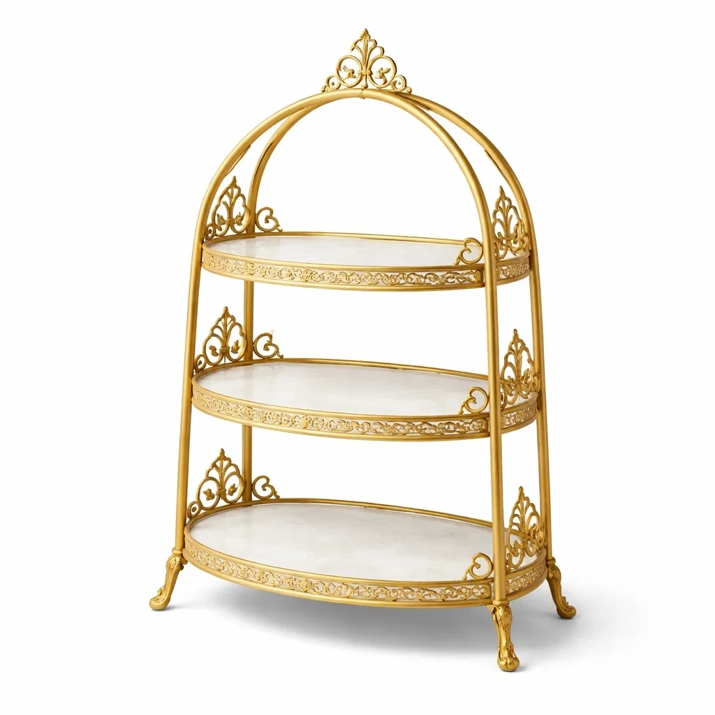 Estanteria decorativa arqueada de tres niveles en color dorado-TimberAndNest