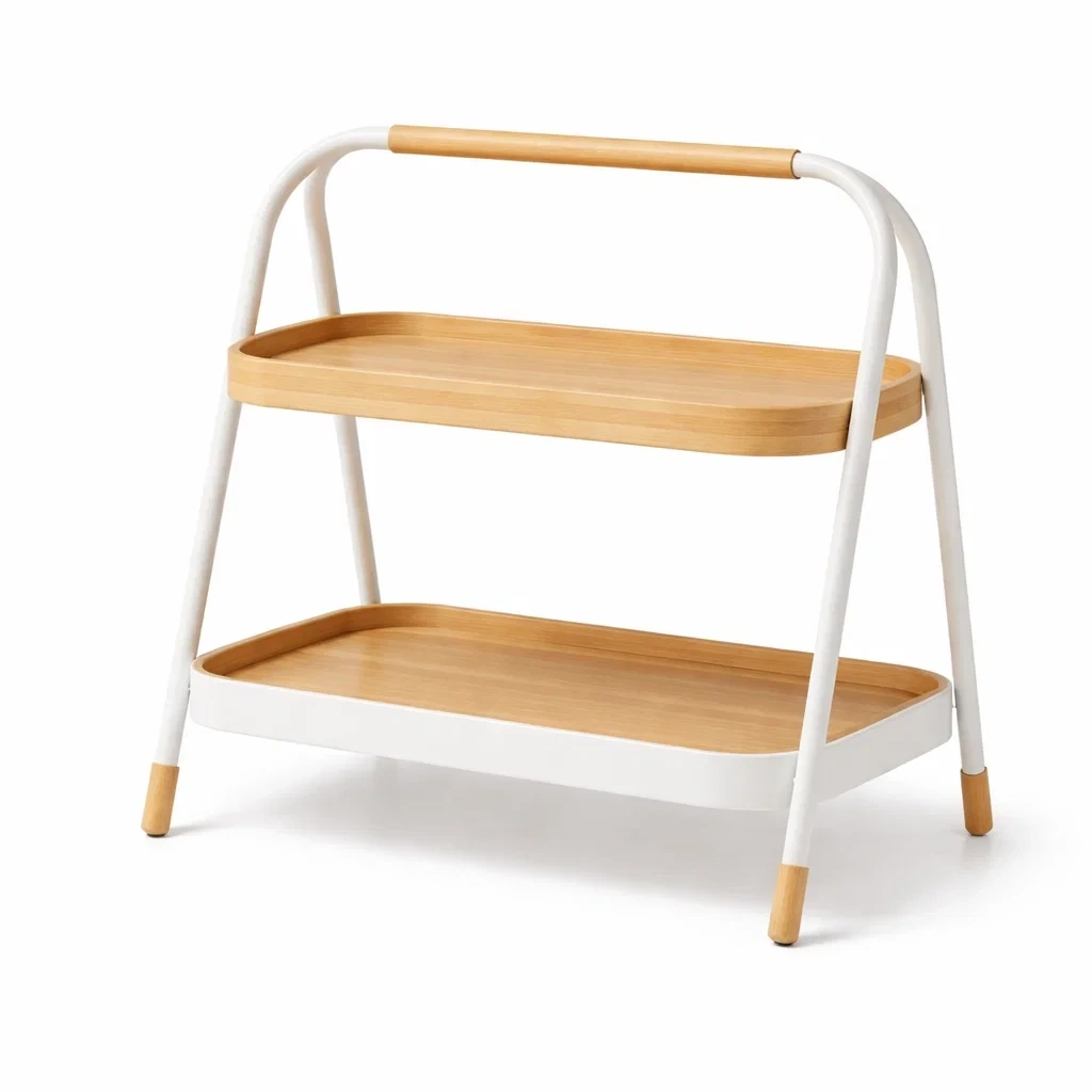 Estanteria auxiliar moderna de dos niveles en blanco y madera-TimberAndNest