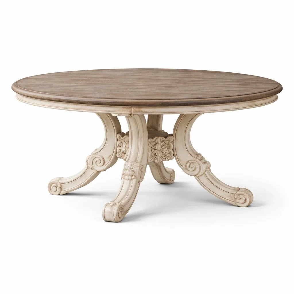 Mesa de comedor redonda vintage con base tallada-TimberAndNest