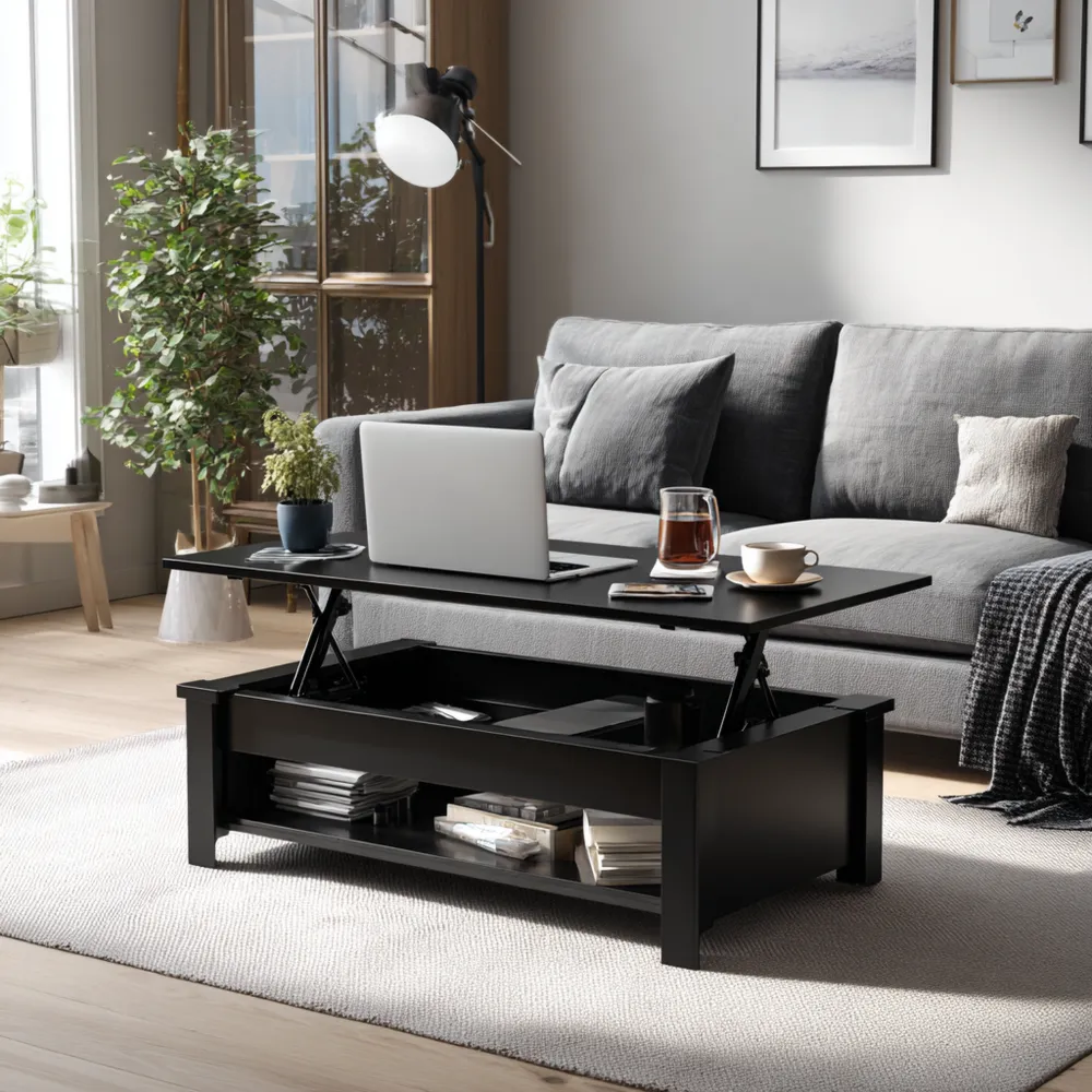 Table basse réglable en hauteur 100x50x40-55 cm - Bois Noir - Rangement intégré - Design moderne