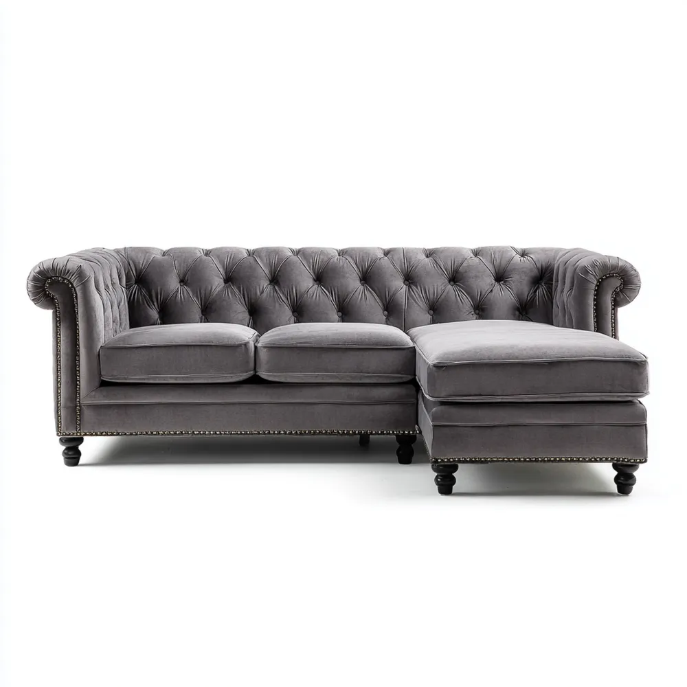 Canapé d'angle en velours 220x90x85 cm – Gris Foncé – Design classique