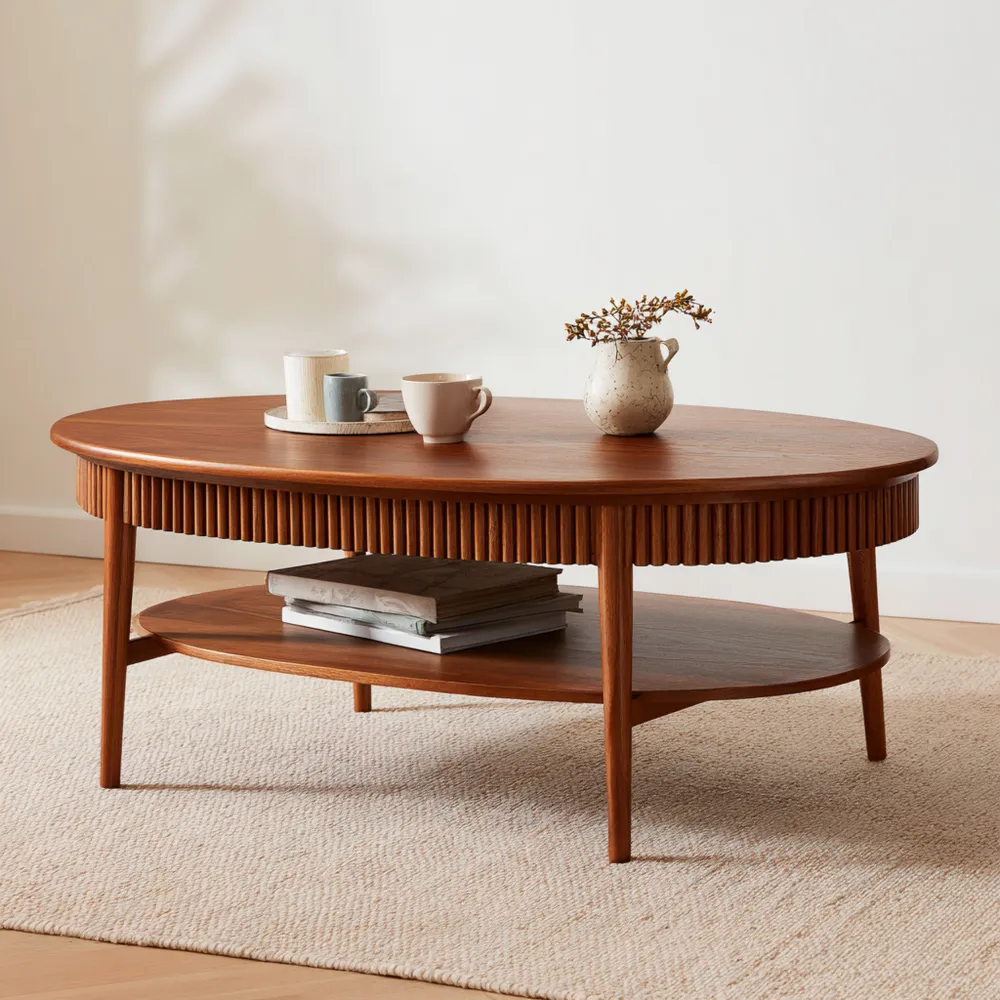 Table basse ovale en bois 110x60x45 cm – Finition Noyer – Design moderne